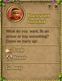 Example of blacksmith dialogue popup box (Blacksmith Vsevolod).